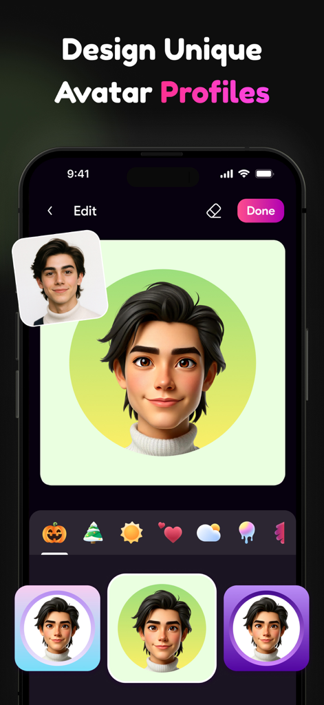 Cartoon Me: AI Cartoon Editor - A smartphone screen showing the AI app transforming a real selfie into a stylized 3D cartoon avatar for profile use