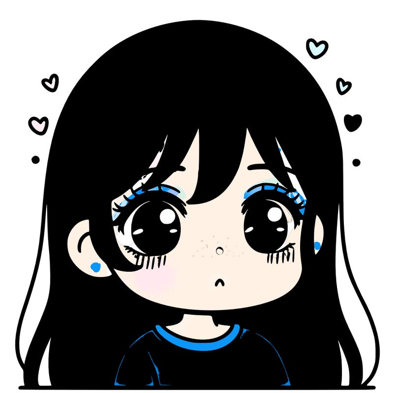 blushing girl with black hair and green eyes