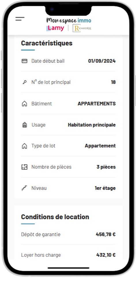 Mon espace immo particuliers - Écran mobile affichant les caractéristiques de la propriété et les coûts de location pour un appartement