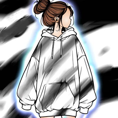 realistic girl with a oversized sweatshirt on and a bun