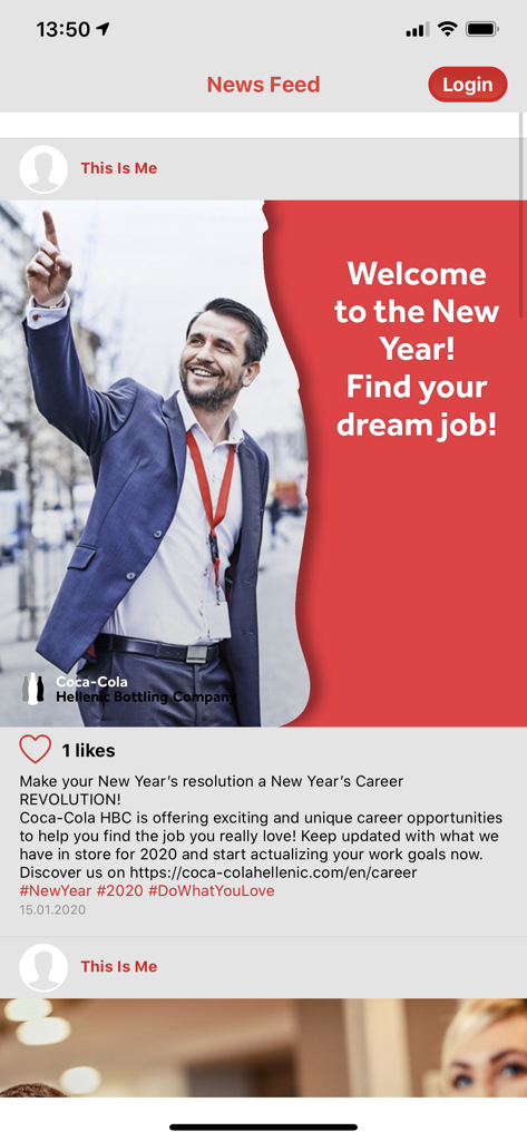 CCHBC This is Me - Screenshot of the CCHBC This is Me app news feed featuring a career opportunity post with a man in a suit.