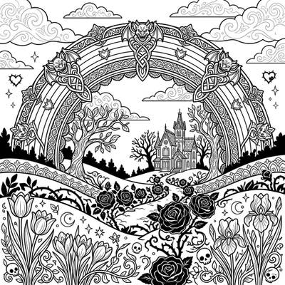 Unveil the enchantment of a Gothic Spring with this captivating coloring page. Explore an intricately designed fogbow arching over a mysterious mansion and a garden of dark, blooming flora.