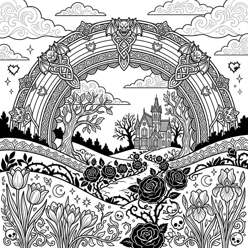 Unveil the enchantment of a Gothic Spring with this captivating coloring page. Explore an intricately designed fogbow arching over a mysterious mansion and a garden of dark, blooming flora.