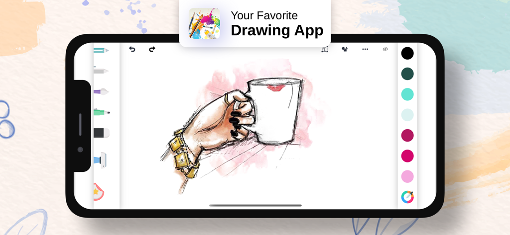 Interfaz de la aplicación Drawing Pad en un smartphone que muestra un boceto digital de una mano sosteniendo una taza de café