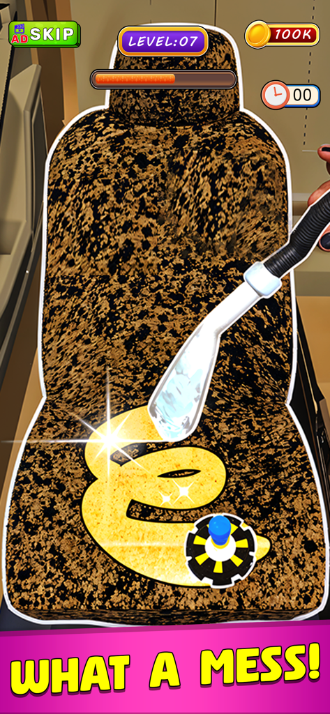 Deep Cleaning ASMR! Clean Up - Un sedile per auto sporco che viene pulito con un aspiratore nel gioco mobile Deep Cleaning ASMR.