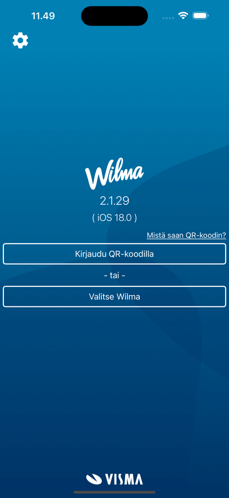 Wilma - The login interface for the Wilma mobile education app showing QR code and school selection buttons
