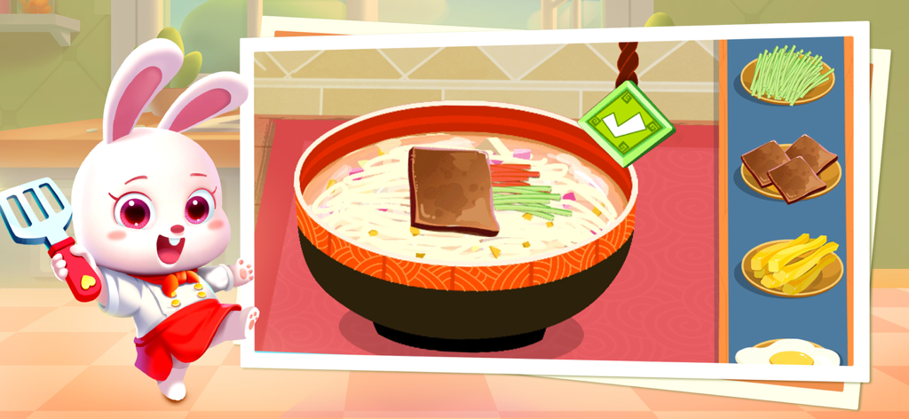 A cartoon rabbit chef preparing a bowl of ramen noodles in Baby Panda City