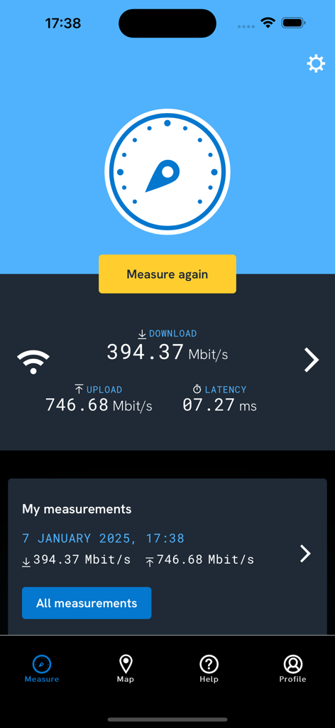 Bredbandskollen - Bredbandskollenアプリインターフェース、ダウンロード、アップロード、遅延を含むインターネット速度テスト結果を表示