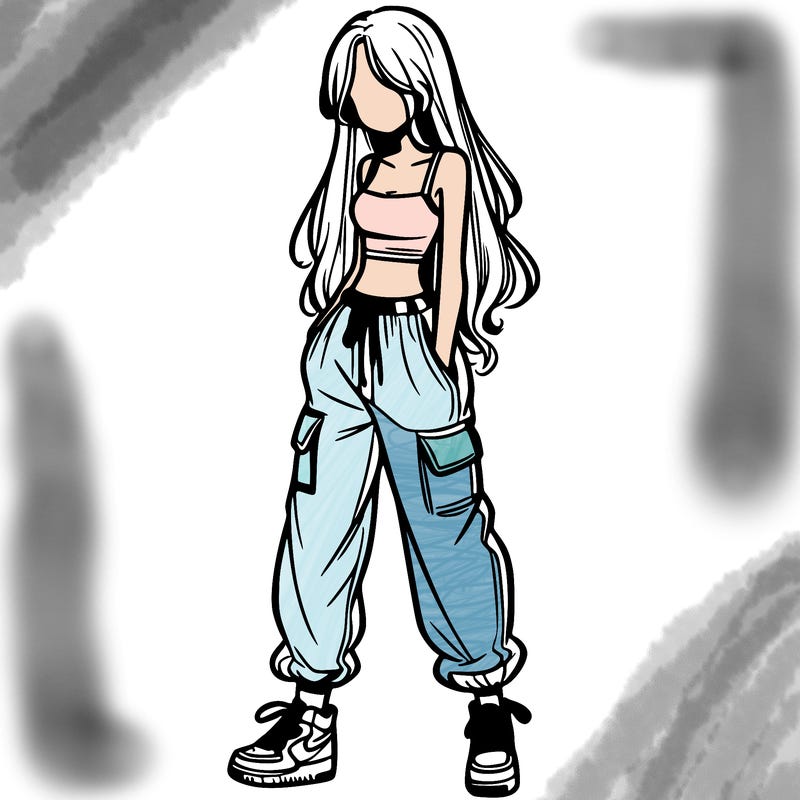 girl in baggy pants crop top and long hair