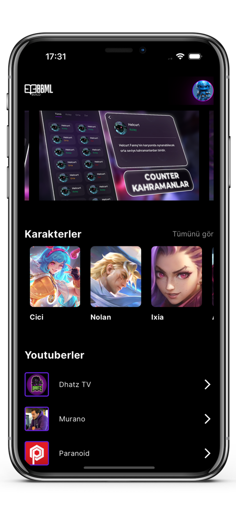 BBML Build - BBML Build app home screen showing hero selections and creator builds.