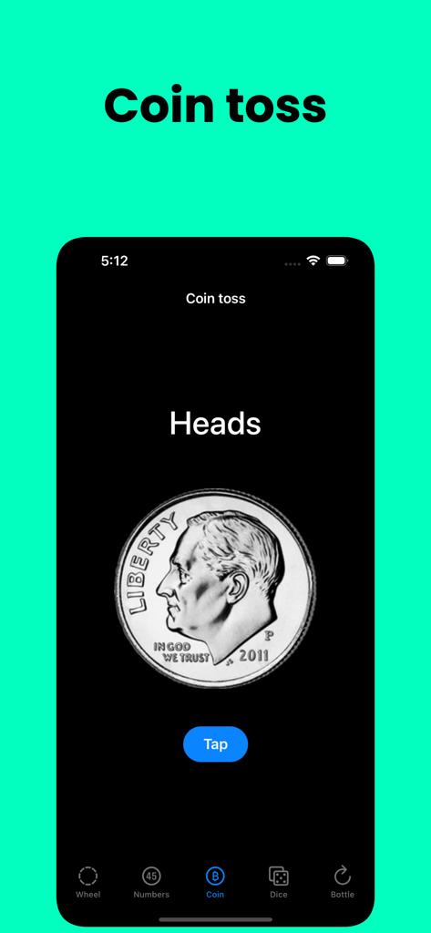 Random GameBox, Spin the wheel - Pantalla de lanzamiento de moneda de la aplicación Random GameBox mostrando el resultado de cara