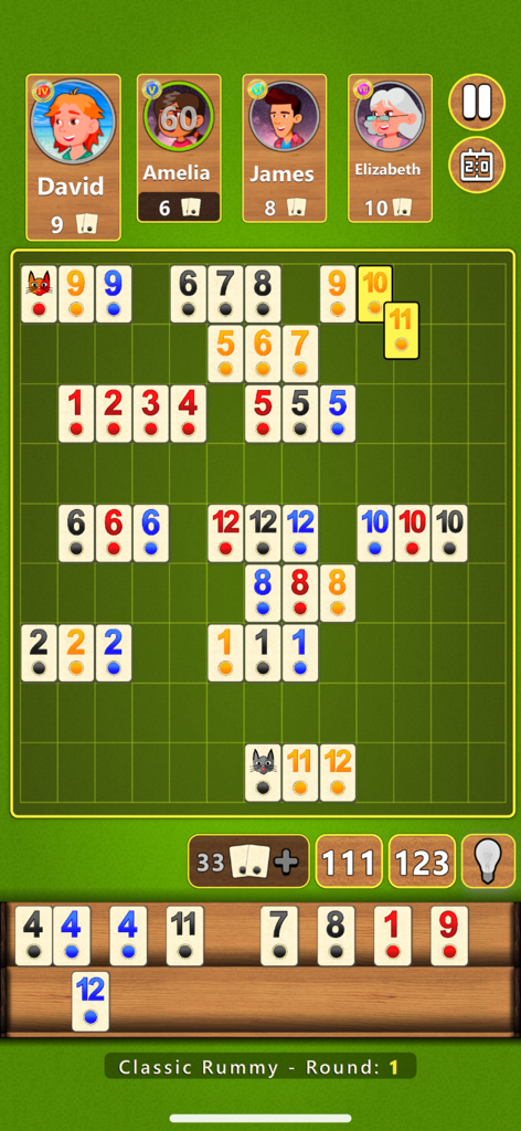 Classic Rummy board game interface showing numbered tile sets and player avatars on a green table background
