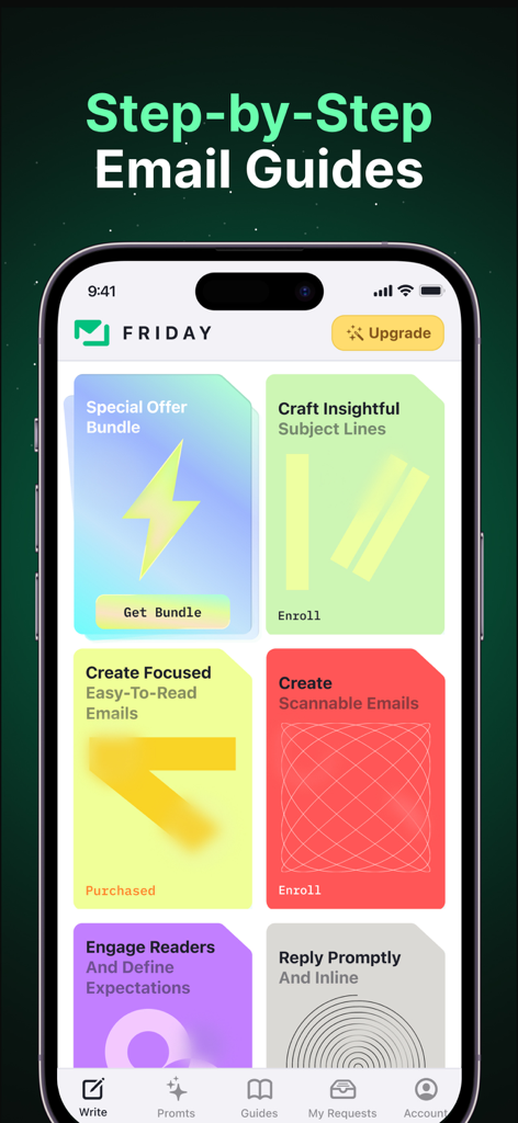 Capture d'écran de l'application Friday AI Email Writer montrant une bibliothèque de guides d'écriture d'e-mails étape par étape sur un iPhone