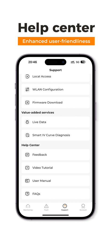 Support-Bildschirm der iSolarCloud App mit Ressourcen aus dem Hilfe-Center und Systemkonfigurationsoptionen