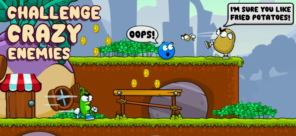 Ball tales - The Holy Treasure - Blue ball character encountering vegetable enemies in the Crazy Veggies episode of Ball Tales