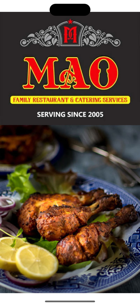Mao Restaurant - Mao Restaurant app welcome screen with logo and a plate of grilled chicken drumsticks