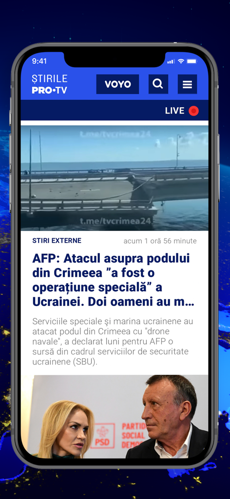 Stirile ProTV - Smartphone screen showing the Stirile ProTV app with news articles in Romanian covering international and political topics