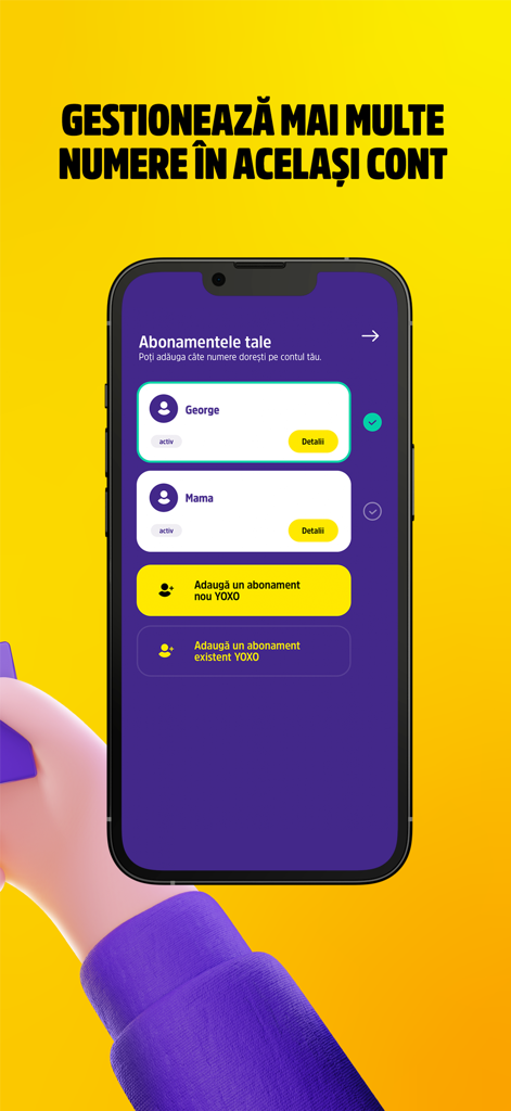 Interfaccia dell'app YOXO che mostra come gestire più abbonamenti di telefonia mobile in un unico account