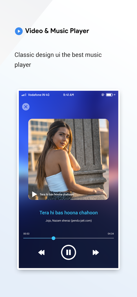 All Media Player : MP3 Player - Music player interface showing song title playback controls and album art