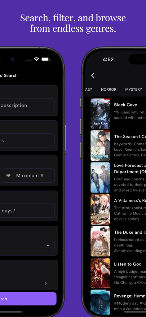 Benutzeroberfläche der Yoru Studios Mobile App zum Suchen und Durchsuchen von fiktiven Geschichten in mehreren Genres wie Horror und Mystery