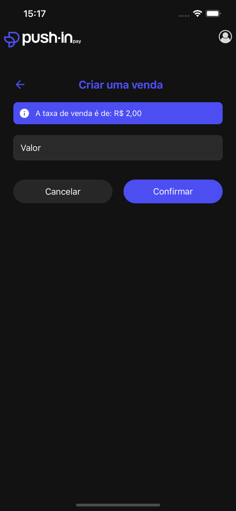 PushinPay - PushinPay mobile app screen for creating a new sale transaction.