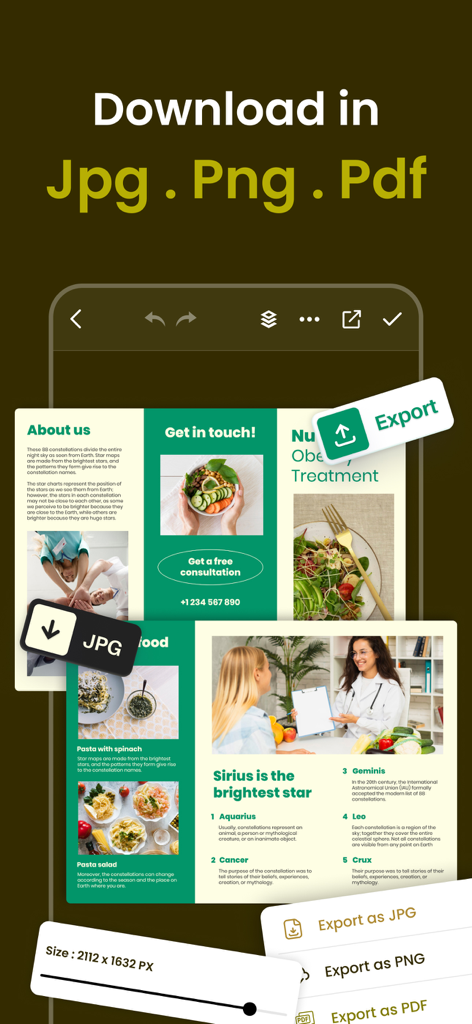 Interface de um aplicativo móvel demonstrando como exportar designs profissionais de brochuras e catálogos em formatos JPG, PNG e PDF.