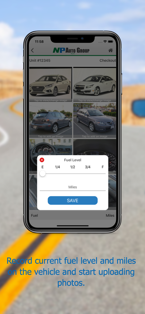 ASAP Rent - ASAP Rent app interface for logging vehicle fuel miles and photos during checkout