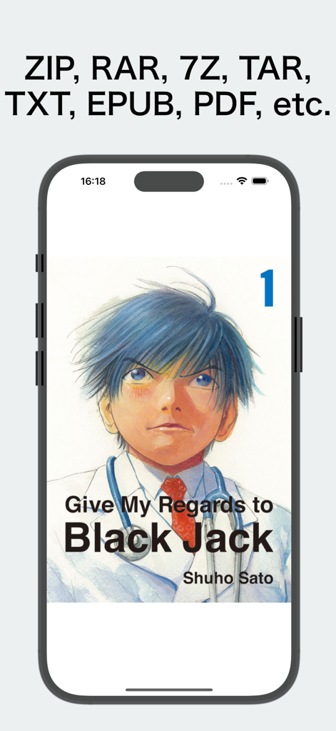 ComicShare - Streaming Reader - Interfaz de la aplicación ComicShare mostrando la portada de un manga y una lista de formatos de archivo compatibles, incluyendo ZIP, RAR y PDF.