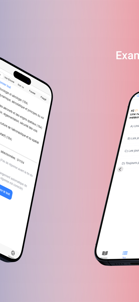 BIA France 2015-2026 Annales - Two smartphone screens showing the BIA France app study categories and practice test question