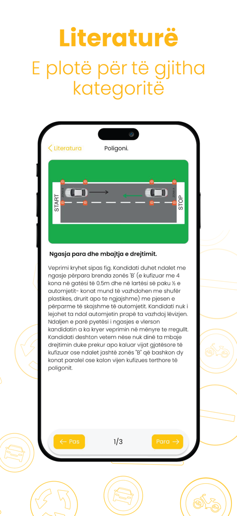 Bildschirm eines Mobiltelefons, der ein Fahrmanöver-Diagramm und Anleitungen auf Albanisch von der Autoshkollaime-App zeigt.