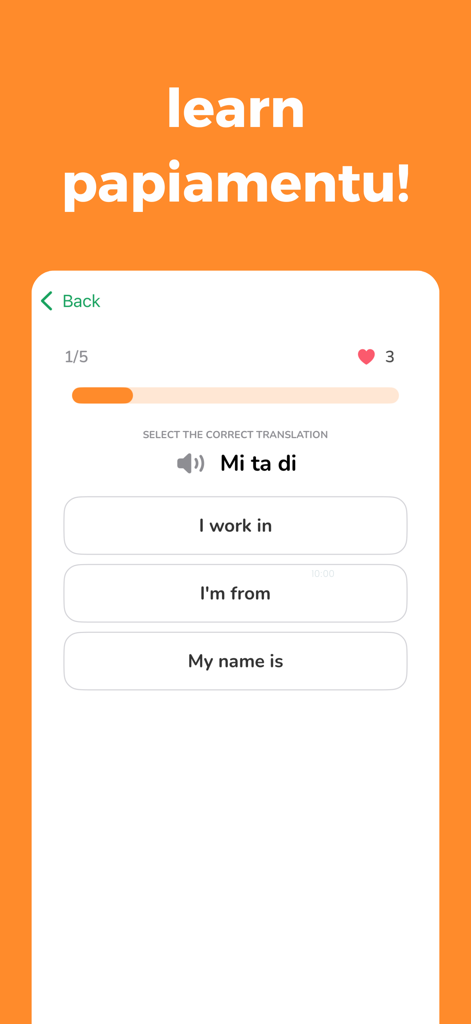 Lora - Learn Papiamentu - Lora app quiz interface showing a Papiamentu language translation lesson
