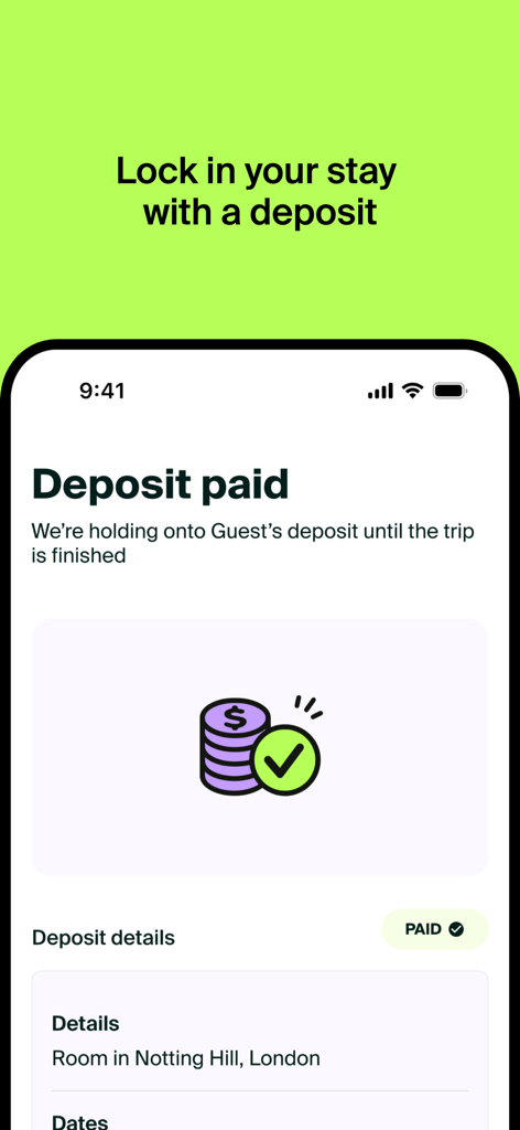 The Ciao app interface displaying a confirmed deposit payment for a sublet in London.
