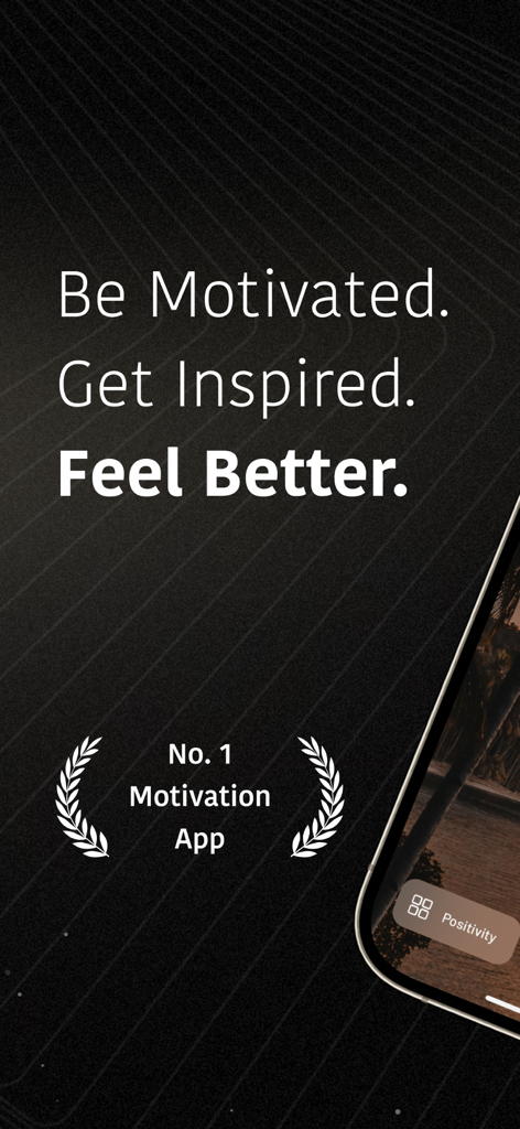 Motivation Daily Quotes - I AM - Lemas motivacionales 'Sé Motivado', 'Inspírate' y 'Siéntete Mejor' sobre un fondo con patrón oscuro para la aplicación I AM.