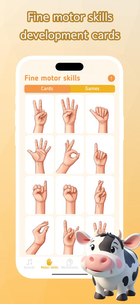 Speech Therapy: Let Me Talk - A mobile screen showing a grid of hand gesture cards for fine motor skills development in children
