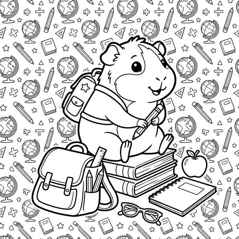 This charming coloring page features a happy guinea pig ready for school, surrounded by books and school supplies. It's a delightful way to celebrate the return to learning with an adorable animal friend.
