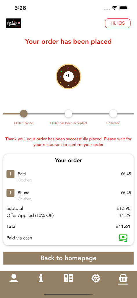 Aashiq's indian Restaurant - Order confirmation screen of Aashiq's Indian Restaurant app showing order summary and status