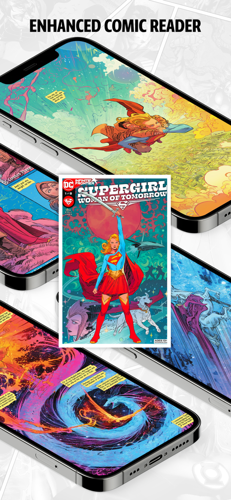 スーパーガールが登場するDC Universe Infinite強化コミックリーダーを表示するスマートフォン画面。