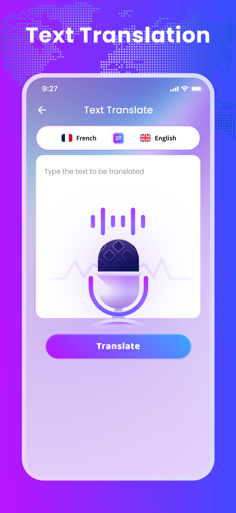 Lya Translate app interface for text and voice translation between French and English