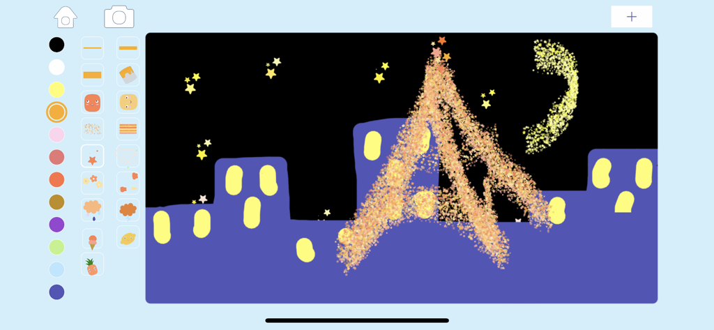 Magic Drawアプリで、きらめく星とグリッターエフェクトを使った夜の街の絵を描いている子供