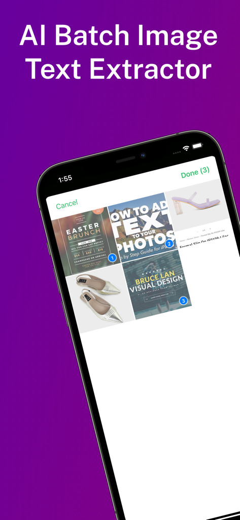 Text Fairy-Batch Image to Text - Smartphone screen showing the AI batch image text extraction feature with multiple images selected for OCR processing.