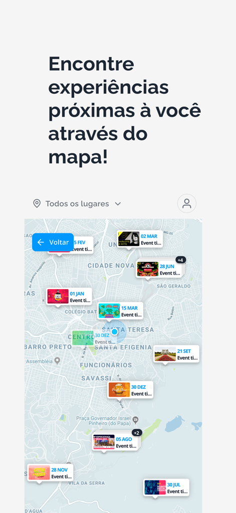 Pantalla de una aplicación móvil que muestra un mapa de la ciudad con pines interactivos para eventos locales e información de entradas