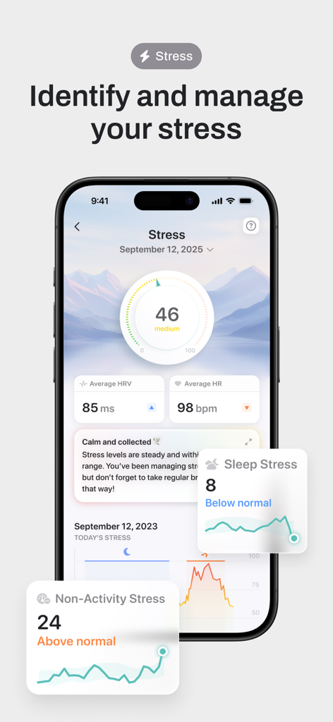 Bevel app stress tracking screen showing heart rate variability and stress level insights