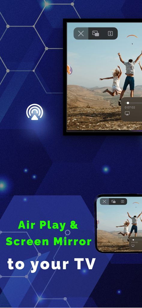 iPhone screen mirroring a vacation photo of people jumping on a beach to a smart TV using the Stayconnect app