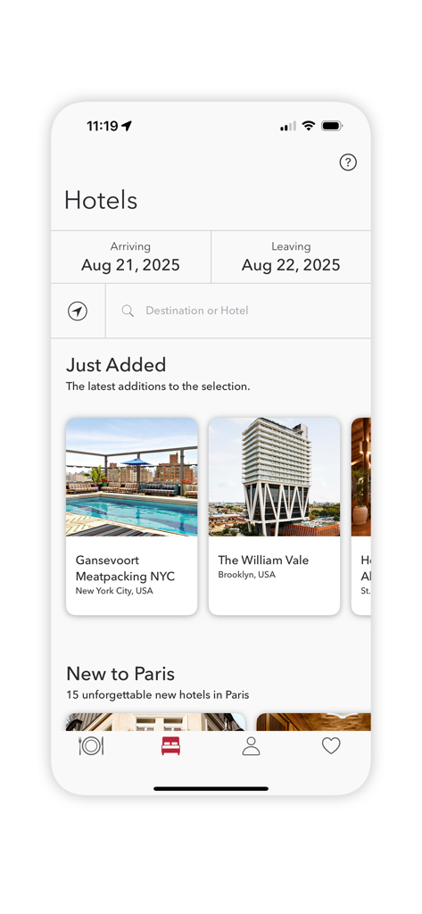 The MICHELIN Guide - La pantalla de búsqueda de hoteles de la aplicación La Guía MICHELIN mostrando opciones de lujo en la ciudad de Nueva York.