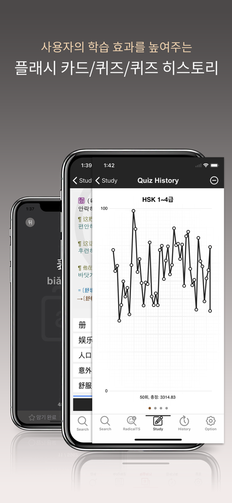 Graphique de l'historique des quiz et fonctionnalités d'étude de l'application de dictionnaire chinois-coréen de l'Université de Corée