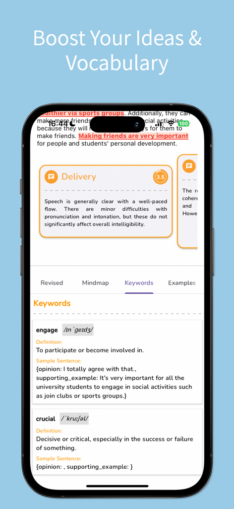 LingoLeap: AI TOEFL Prep - LingoLeap app interface showing AI-powered TOEFL vocabulary keywords, definitions, and pronunciation guides.
