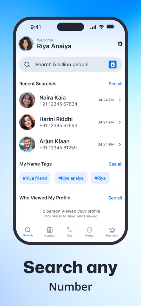 Interface of the Show Caller ID PRO app showing the search bar to look up phone numbers and recent contact searches.