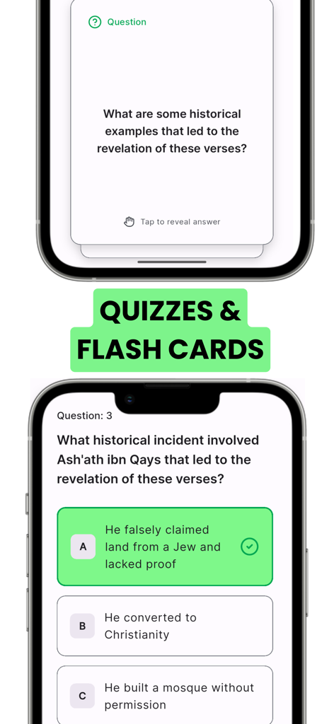 Tadabbur: Quran Journaling - A screenshot of the Tadabbur app showing interactive Quran quizzes and flashcards with multiple choice questions