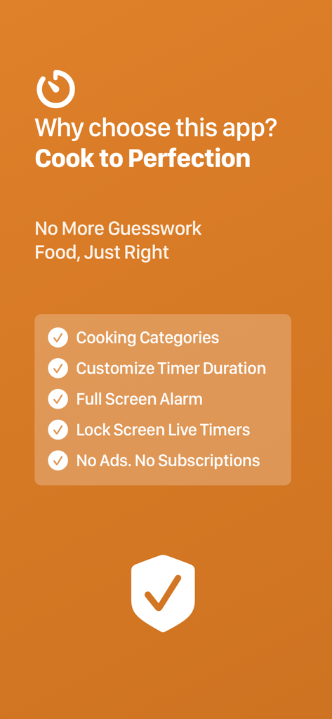 Cooking Timer+ Multiple Timers - A feature summary screen for the Cooking Timer plus app listing benefits like cooking categories, custom durations, full screen alarms, and no ads on an orange background.
