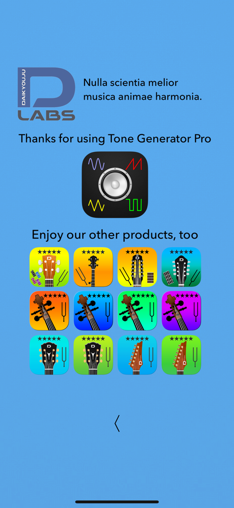 Ein Bildschirm aus der Tone Generator Professional App, der andere Audio-Utility- und Instrumenten-Tuner-Apps von Daikyouju Labs zeigt.